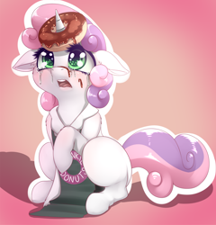 Size: 1952x2036 | Tagged: dead source, safe, artist:dankflank, sweetie belle, pony, unicorn, apron, blushing, clothes, crying, cute, diasweetes, donut, dunkin donuts, female, filly, floppy ears, food, horn, horn impalement, lifted leg, open mouth, sad, solo, the uses of unicorn horns, woobie