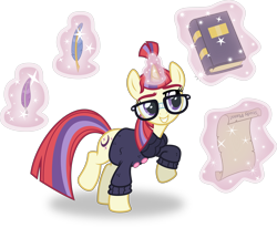 Size: 6000x4948 | Tagged: safe, artist:8-notes, artist:psychicwalnut, moondancer, absurd resolution, book, clothes, cute, flash puppet, glasses, magic, ponyscape, quill, raised hoof, scroll, simple background, smiling, solo, sweater, transparent background, vector