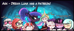 Size: 873x375 | Tagged: safe, artist:lumineko, coco pommel, moondancer, photo finish, princess celestia, princess luna, rarity, twilight sparkle, twilight sparkle (alicorn), oc, alicorn, pony, unicorn, cake, female, food, mare, patreon