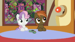 Size: 640x360 | Tagged: safe, artist:jan, button mash, sweetie belle, earth pony, pony, unicorn, animated, brain freeze, button's adventures, colt, drink, female, filly, floppy ears, funny, funny as hell, hat, i can't believe it's not hasbro studios, male, milkshake, propeller hat, sugarcube corner, sweetie belle is not amused, table, unamused, youtube, youtube link