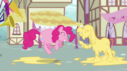 Size: 1280x720 | Tagged: safe, screencap, cranky doodle donkey, pinkie pie, donkey, earth pony, pony, a friend in deed, cake batter, chubby, chubby cheeks, great moments in animation, ponyville, stuffed