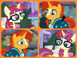 Size: 1023x767 | Tagged: safe, edit, edited screencap, screencap, moondancer, sunburst, beard, collage, crack shipping, cute, facial hair, glasses, looking back, love, open mouth, shipping, smiling, sundancer