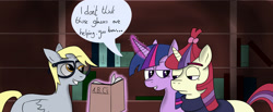 Size: 3373x1396 | Tagged: safe, artist:mackstack, derpy hooves, moondancer, twilight sparkle, pegasus, pony, accessory swap, book, female, glasses, mare, reading, speech bubble