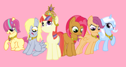 Size: 1024x548 | Tagged: safe, artist:blazeandzsalynn, babs seed, derpy hooves, moondancer, scootaloo, sour sweet, trixie, pegasus, pony, alternate mane six, alternate universe, elements of harmony, female, jewelry, mare, regalia, simple background