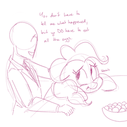 Size: 700x700 | Tagged: safe, artist:goat train, pinkie pie, oc, oc:anon, human, the cutie map, :t, chubby, egg, floppy ears, frown, monochrome, sick, sketch, winnie the pink, you have to eat all the eggs