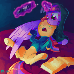 Size: 1920x1920 | Tagged: safe, artist:halem1991, moondancer, twilight sparkle, twilight sparkle (alicorn), alicorn, pony, book, clothes, female, glasses, lesbian, magic, open mouth, shipping, sleeping, telekinesis, twidancer, underwear