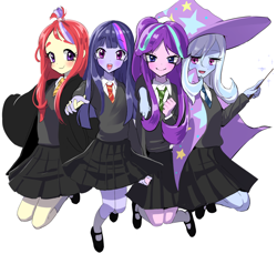 Size: 1200x1100 | Tagged: safe, artist:quizia, moondancer, starlight glimmer, trixie, twilight sparkle, equestria girls, clothes, counterparts, crossover, equestria girls-ified, gryffindor, harry potter, hogwarts, hufflepuff, looking at you, magic, magical quartet, mary janes, necktie, open mouth, pleated skirt, pony coloring, ravenclaw, shoes, skirt, slytherin, socks, sweater, trixie's cape, trixie's hat, twilight's counterparts, wand