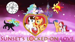 Size: 3000x1688 | Tagged: safe, artist:majkashinoda626, idw, flash sentry, lightning dust, moondancer, princess celestia, sunset shimmer, twilight sparkle, twilight sparkle (alicorn), oc, oc:prince lockon astros, oc:shadow, alicorn, pegasus, pony, unicorn, wolf, fanfic:sunset's locked on love, equestria girls, g4, alicornified, canon x oc, crack shipping, fanfic, fanfic art, fanfic cover, female, flashdancer (ship), lupus gigantormus, male, moonflash, race swap, sentrydancer, shimmercorn, ship:flashdancer, shipping, straight, twilight's castle