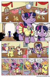 Size: 1200x1845 | Tagged: safe, artist:muffinshire, moondancer, twilight sparkle, oc, oc:bumble breeze, oc:lemon burst, oc:orange twist, oc:swirling star, pony, unicorn, comic:twilight's first dance, balloon, bow, bowtie, cake, clothes, colt, comic, dancing, dexterous hooves, dialogue, disco ball, dress, drum kit, drums, electric guitar, female, filly, filly twilight sparkle, food, glowing horn, guitar, hat, hoof polish, levitation, magic, magic aura, male, microphone, microphone stand, musical instrument, overdressed, party hat, punch (drink), punch bowl, speech bubble, tail bow, telekinesis, underhoof, unnamed oc