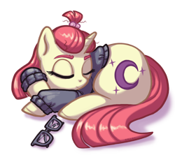 Size: 1038x922 | Tagged: safe, artist:mcponyponypony, moondancer, pony, unicorn, clothes, curled up, cute, dancerbetes, eyes closed, female, glasses off, lying down, mare, prone, simple background, sleeping, solo, sweater, transparent background