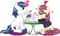 Size: 1024x614 | Tagged: safe, artist:saturnstar14, moondancer, shining armor, pony, unicorn, bendy straw, crush, dreamy, drinking straw, eating, food, glowing horn, heart, ice cream, magic, milkshake, moonshining, one sided shipping, simple background, starboarding, telekinesis, transparent background, unrequited