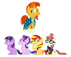 Size: 1000x800 | Tagged: safe, artist:dedonnerwolke, moondancer, starlight glimmer, sunburst, sunset shimmer, twilight sparkle, twilight sparkle (alicorn), alicorn, pony, unicorn, chest fluff, chibi, fluffy, harem, male, shimmerburst, shipping, simple background, starburst, straight, sunburst gets all the mares, sundancer, transparent background, twiburst, twilight's counterparts