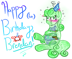 Size: 1280x1055 | Tagged: safe, artist:angelartgallery, oc, oc only, goo pony, original species, birthday cake, birthday gift art, blushing, cake, chubby, chubby cheeks, derp, see-through, stomach ache, stuffed