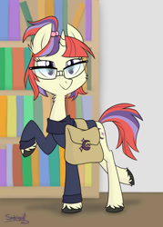 Size: 800x1120 | Tagged: safe, artist:flourret, moondancer, pony, unicorn, book, bookshelf, cheek fluff, clothes, ear fluff, female, glasses, indoors, lidded eyes, mare, neck fluff, raised hoof, raised leg, saddle bag, signature, smiling, solo, standing, sweater, unshorn fetlocks