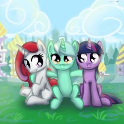 Size: 800x800 | Tagged: dead source, safe, artist:versimer, lyra heartstrings, moondancer, twilight sparkle, pony, unicorn, fanfic:background pony, canterlot, fanfic, fanfic art, filly, hug, smiling, trio, younger