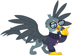 Size: 1195x906 | Tagged: safe, artist:cloudyglow, gabby, moondancer, griffon, the fault in our cutie marks, accessory swap, beak, clothes, clothes swap, cute, female, gabbybetes, glasses, looking at you, nerd, open beak, open mouth, open smile, simple background, smiling, smiling at you, solo, spread wings, sweater, transparent background