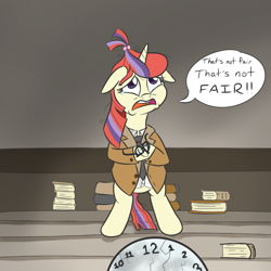 Size: 1000x1000 | Tagged: safe, artist:yakoshi, moondancer, pony, bipedal, book, clock, crossover, dialogue, glasses, scene interpretation, solo, the twilight zone, time enough at last