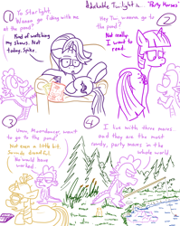 Size: 1280x1611 | Tagged: safe, artist:adorkabletwilightandfriends, moondancer, spike, starlight glimmer, twilight sparkle, twilight sparkle (alicorn), alicorn, dragon, pony, comic:adorkable twilight and friends, adorkable twilight, comic, dialogue, fishing, lineart, plot, pond, sarcasm, slice of life, tail stand