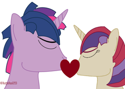 Size: 1024x732 | Tagged: safe, artist:rmzero, dusk shine, moondancer, twilight sparkle, duskdancer, eyes closed, female, half r63 shipping, heart, kissing, male, rule 63, shipping, straight, twidancer