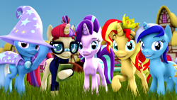 Size: 1920x1080 | Tagged: safe, artist:furima, minuette, moondancer, starlight glimmer, sunset shimmer, trixie, pony, 3d, book, crown, glasses, jewelry, looking at you, magical quintet, ponyville, regalia, smiling, source filmmaker, twilight's counterparts
