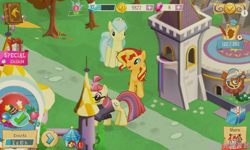 Size: 800x480 | Tagged: safe, lemony gem, moondancer, sunset shimmer, pony, unicorn, clothes, cute, female, gameloft, glasses, mare, open mouth, shimmerbetes, smiling, sweater, vip