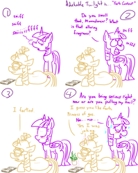 Size: 1280x1611 | Tagged: safe, artist:adorkabletwilightandfriends, moondancer, twilight sparkle, twilight sparkle (alicorn), alicorn, pony, unicorn, comic:adorkable twilight and friends, adorkable twilight, blushing, comic, embarrassed, fart joke, female, lineart, mare, mint, missing accessory, nostrils, simple background, slice of life, smelling, sniffing, wide eyes