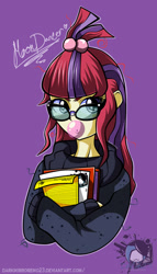 Size: 1097x1920 | Tagged: safe, artist:darkmirroremo23, moondancer, equestria girls, book, bubblegum, clothes, equestria girls-ified, food, glasses, gum, paper, simple background, solo, sweater