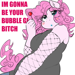 Size: 2000x2000 | Tagged: safe, artist:glacierclear, pinkie pie, anthro, bubblegum bitch, candy, chubby, clothes, dress, fishnet stockings, lipstick, lollipop, makeup, marina and the diamonds, plump, solo, song reference, vulgar