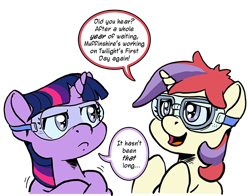 Size: 700x548 | Tagged: safe, artist:muffinshire, moondancer, twilight sparkle, pony, unicorn, comic:twilight's first day, annoyed, bust, dialogue, female, filly, filly moondancer, filly twilight sparkle, frown, glare, goggles, lampshade hanging, open mouth, portrait, pouting, safety goggles, simple background, smiling, transparent background, wip