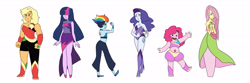 Size: 6000x2000 | Tagged: safe, artist:kianamai, applejack, fluttershy, pinkie pie, rainbow dash, rarity, twilight sparkle, human, chubby, clothes, crossover, dress, gemsona, humanized, mane six, midriff, species swap, steven universe, style emulation