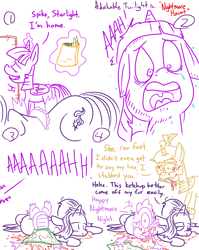 Size: 1280x1611 | Tagged: safe, artist:adorkabletwilightandfriends, moondancer, spike, starlight glimmer, twilight sparkle, twilight sparkle (alicorn), alicorn, dragon, pony, comic:adorkable twilight and friends, adorkable twilight, comic, floppy ears, food, halloween, ketchup, knife, lineart, murder, nightmare night, prank, sauce, scared, scary, slice of life