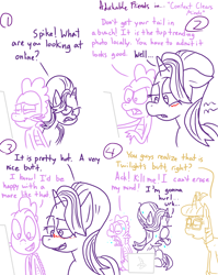 Size: 1280x1611 | Tagged: safe, artist:adorkabletwilightandfriends, moondancer, spike, starlight glimmer, dragon, pony, comic:adorkable twilight and friends, adorkable friends, adorkable twilight, blushing, comic, computer, dialogue, floppy ears, implied baby got back, internet, laptop computer, lidded eyes, lineart, nauseous, open mouth, plot, slice of life, social media, sweat, wide eyes