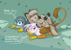 Size: 1600x1125 | Tagged: safe, artist:dsp2003, gabby, gilda, oc, oc:stone, earth pony, griffon, pony, 2017, comic, cute, female, open mouth, pun, single panel, unamused