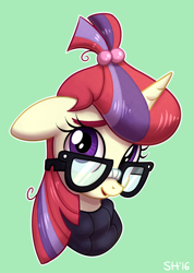 Size: 684x961 | Tagged: safe, artist:sorcerushorserus, moondancer, pony, unicorn, adorkable, bust, clothes, cute, dancerbetes, dork, female, floppy ears, glasses, looking at you, mare, open mouth, portrait, shy, simple background, smiling, solo, sweater