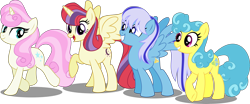 Size: 6000x2504 | Tagged: safe, artist:orin331, lemon hearts, minuette, moondancer, twinkleshine, alicorn, earth pony, pegasus, pony, alicornified, alternate hairstyle, alternate universe, dancerverse, group, moondancercorn, race swap, simple background, transparent background, vector