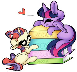 Size: 3928x3648 | Tagged: safe, artist:cutepencilcase, moondancer, twilight sparkle, twilight sparkle (alicorn), alicorn, pony, unicorn, adorkable, book, bookhorse, cute, dancerbetes, dork, duo, eyes closed, female, floppy ears, fluffy, heart, hug, mare, missing cutie mark, simple background, sitting, smiling, that pony sure does love books, transparent background, twiabetes