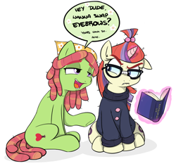 Size: 1284x1214 | Tagged: safe, artist:shoutingisfun, moondancer, tree hugger, earth pony, pony, annoyed, book, bushy brows, clothes, dialogue, duo, ear down, eyebrows, female, floppy ears, flower, frown, glare, glasses, gritted teeth, levitation, lidded eyes, looking at each other, magic, mare, open mouth, raised eyebrow, raised hoof, simple background, sitting, slice of life, smiling, speech bubble, telekinesis, thick eyebrows, underhoof, vulgar, white background