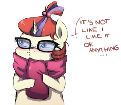 Size: 1239x1072 | Tagged: safe, artist:buttersprinkle, moondancer, pony, unicorn, blushing, clothes, cute, dialogue, female, glasses, hnnng, looking away, mare, scarf, simple background, solo, text, tsundancer, tsundere, white background