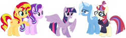 Size: 1024x310 | Tagged: safe, artist:tacygirl, moondancer, starlight glimmer, sunset shimmer, trixie, twilight sparkle, twilight sparkle (alicorn), alicorn, pony, counterparts, lidded eyes, magical quartet, magical quintet, magical trio, raised hoof, simple background, smiling, spread wings, transparent background, twilight's counterparts