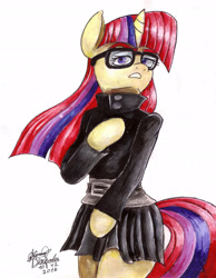 Size: 2510x3240 | Tagged: safe, artist:mannybcadavera, moondancer, pony, semi-anthro, bipedal, clothes, glasses, gothic, pleated skirt, signature, skirt, skirt lift, solo, traditional art