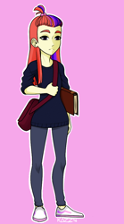 Size: 566x1019 | Tagged: safe, artist:slimegrave, moondancer, human, book, clothes, humanized, missing accessory, pants, pony coloring, purse, shoes, signature, solo