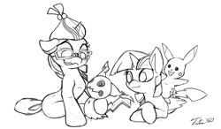 Size: 1200x699 | Tagged: safe, artist:tsitra360, moondancer, twilight sparkle, twilight sparkle (alicorn), alicorn, pikachu, pony, crossover, mimikyu, pokémon, sketch