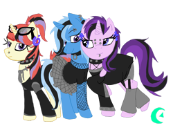 Size: 1024x768 | Tagged: safe, artist:beanbases, artist:drunkhorse-inn, moondancer, starlight glimmer, trixie, pony, unicorn, alternate hairstyle, base used, belt, chains, choker, clothes, counterparts, dress, ear piercing, earring, eyebrow piercing, eyeliner, female, fishnet stockings, glasses, goth, hair dye, jewelry, lesbian, lip piercing, looking at each other, looking at you, makeup, mare, messy hair, messy mane, nose piercing, nose ring, piercing, plaid, shipping, simple background, skirt, smiling, spiked choker, startrix, transparent background, twilight's counterparts
