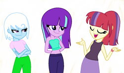 Size: 1122x660 | Tagged: safe, artist:fuffila, moondancer, starlight glimmer, trixie, equestria girls, alternate hairstyle, alternate universe, belly button, counterparts, equestria girls-ified, midriff, twilight's counterparts