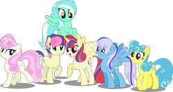 Size: 7000x3722 | Tagged: safe, artist:orin331, bon bon, lemon hearts, lyra heartstrings, minuette, moondancer, sweetie drops, twinkleshine, alicorn, pony, absurd resolution, alicornified, alternate hairstyle, alternate universe, dancerverse, flying, grin, group, looking at you, looking back, looking down, moondancercorn, open mouth, race swap, raised hoof, raised leg, simple background, smiling, spread wings, transparent background, vector