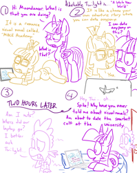 Size: 1280x1611 | Tagged: safe, artist:adorkabletwilightandfriends, moondancer, spike, twilight sparkle, twilight sparkle (alicorn), alicorn, dragon, pony, comic:adorkable twilight and friends, ace academy, adorkable twilight, comic, computer, dating, dating sim, laptop computer, lineart, romance, slice of life, tablet, visual novel