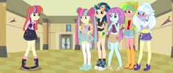 Size: 7052x2980 | Tagged: safe, artist:limedazzle, artist:luckyclau, artist:themexicanpunisher, artist:theshadowstone, indigo zap, lemon zest, moondancer, sour sweet, sugarcoat, sunny flare, equestria girls, absurd resolution, alternate universe, boots, canterlot high, clothes, crossed arms, equestria girls-ified, freckles, glasses, goggles, good, high heel boots, high heels, lip bite, mary janes, pigtails, pleated skirt, shadow five, shoes, shorts, skirt, smiling, sneakers, socks, suspenders, thigh highs, twintails, zettai ryouiki