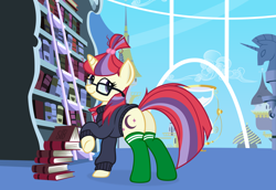 Size: 4000x2752 | Tagged: safe, artist:raps, artist:slb94, moondancer, pony, unicorn, book, bookshelf, clothes, cloud, cute, female, glasses, looking back, mare, plot, raised hoof, show accurate, smiling, socks, solo, sweater, twilight's canterlot home, underhoof