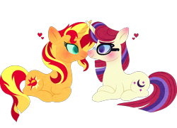 Size: 992x713 | Tagged: safe, artist:carouselunique, moondancer, sunset shimmer, pony, blushing, crack shipping, crossed hooves, female, heart, lesbian, looking at each other, moonset, prone, shipping, simple background, smiling, transparent background