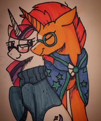 Size: 1024x1227 | Tagged: dead source, safe, artist:whovian072200, moondancer, sunburst, blushing, eyes closed, floppy ears, looking back, male, nuzzling, raised hoof, shipping, smiling, straight, sundancer, traditional art